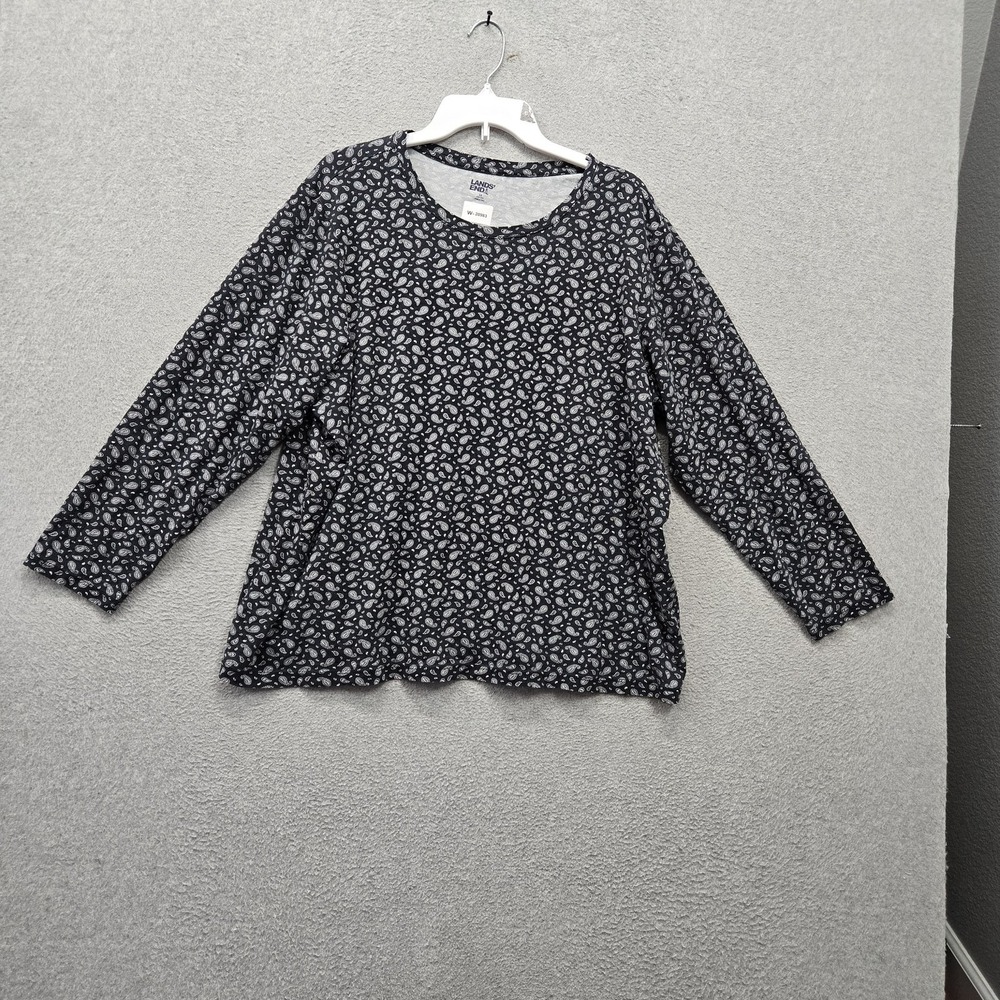 Lands' End Women Shirt 2X (20W-22W) Black Paisley Crew Neck Pullover Long Sleeve